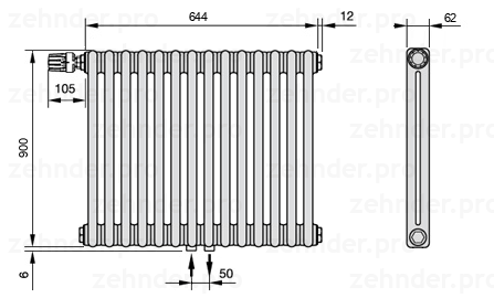 Схема (чертеж) Радиатор Zehnder Charleston 2090/14 №V007 Белый глянцевый RAL 9016